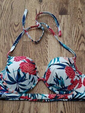 (M) Tropical Floral Colorful Palm Print Classic Fit Bikini Top Vacation Beach